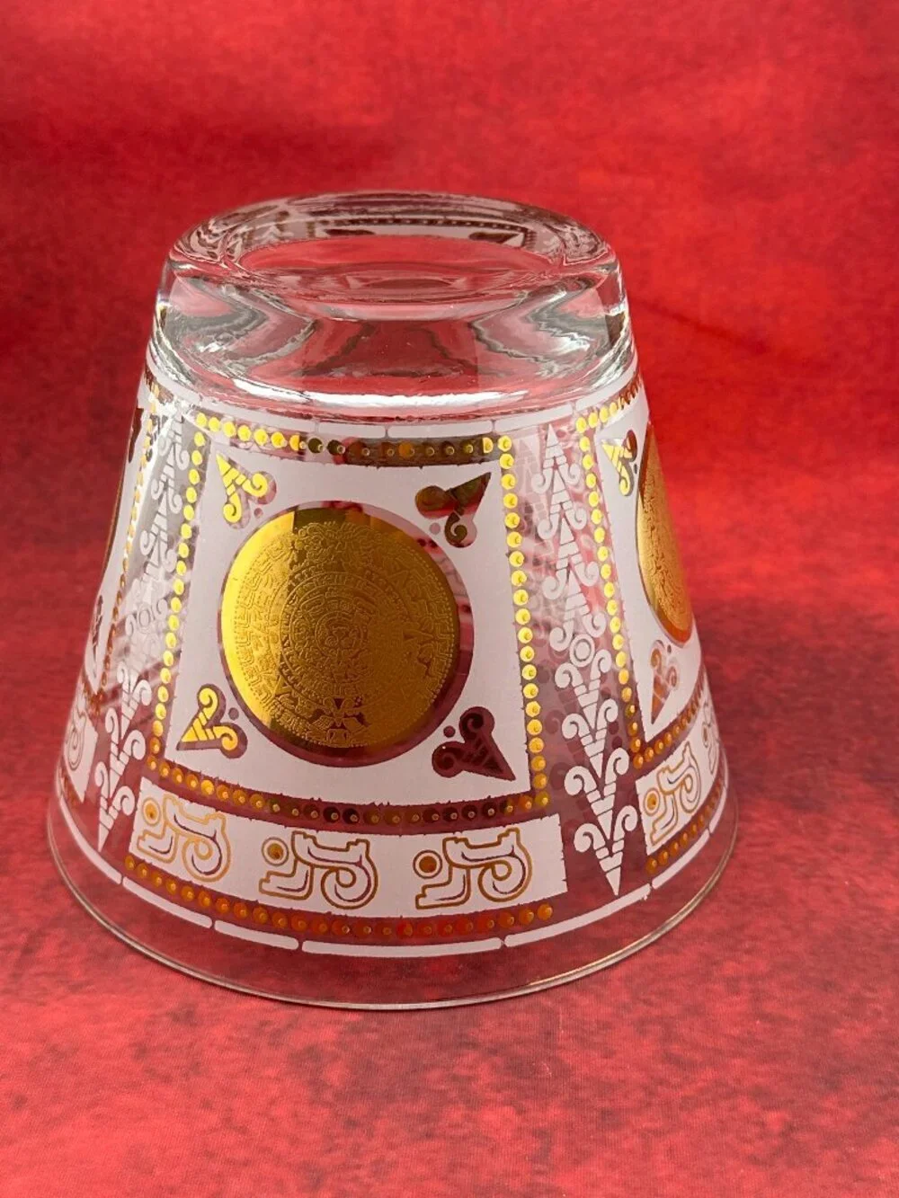 VINTAGE MID-CENTURY GLASS ICE BUCKET AZTEC SUN CALENDAR DESIGN GOLD WHITE 6 